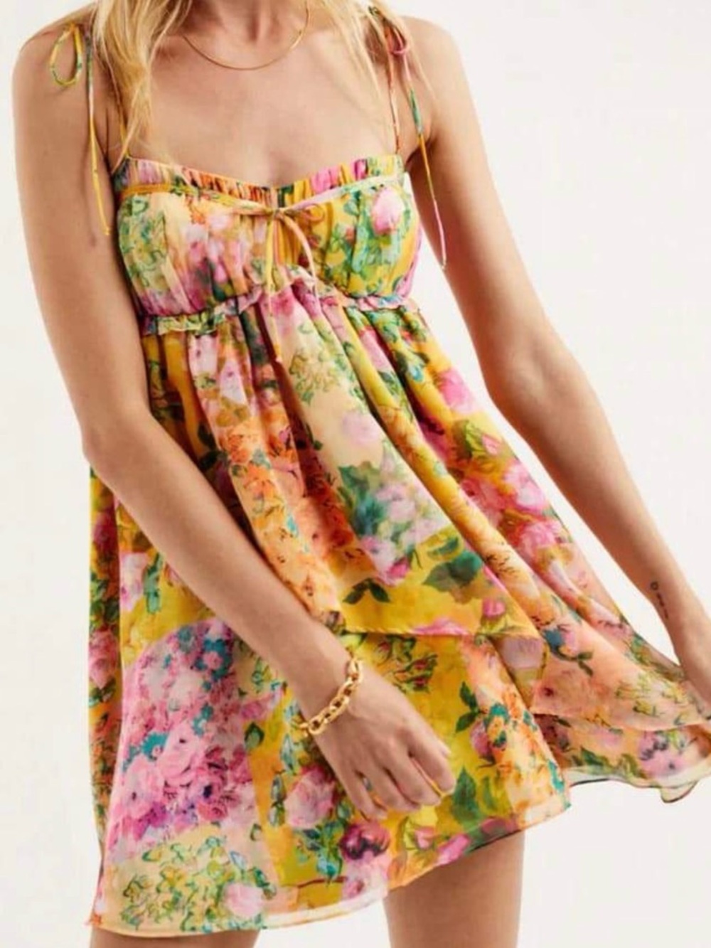 Women’s Yellow Floral Summer Dress with Tie Straps
